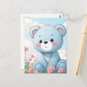Postal Osito de peluche azul lindo en jardín