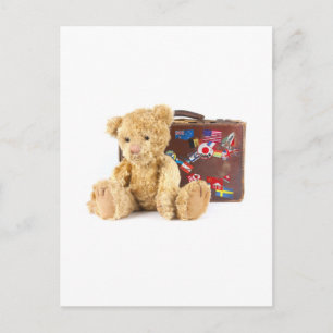 Postal osito de peluche y maleta vieja vintage con world 
