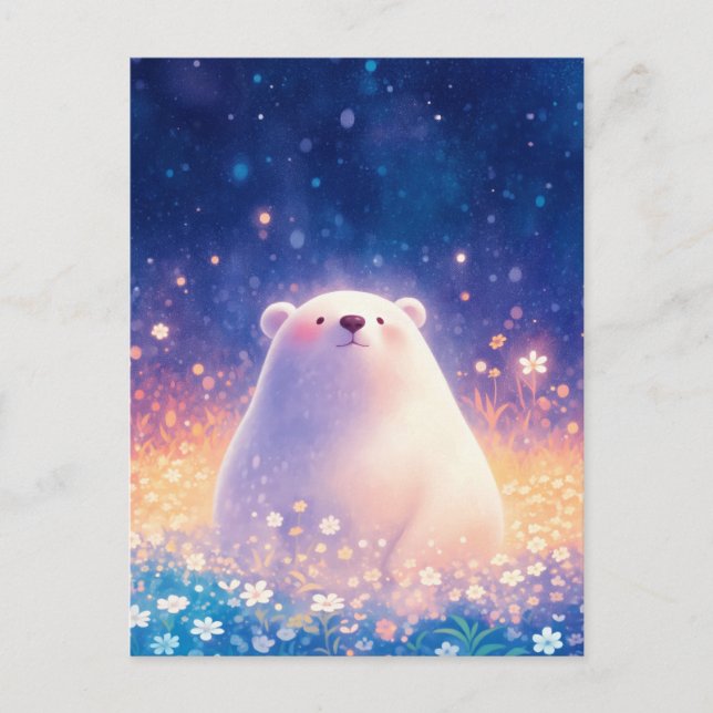 Postal Osito Polar Dulce en Pradera Estrellada (Anverso)