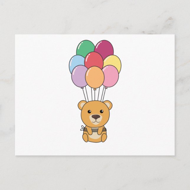 Postal Oso Amarillo vuela Con Globos Coloridos (Anverso)