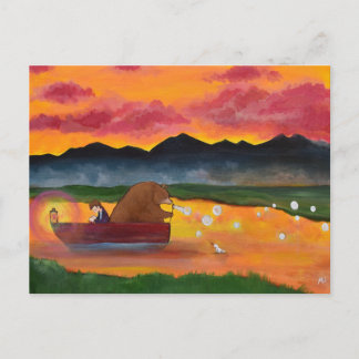 Postal Oso caprichoso y arte de puesta de sol de niño