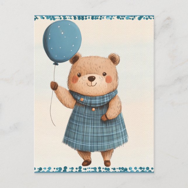 Postal Oso chica con vestido azul y globo (Anverso)