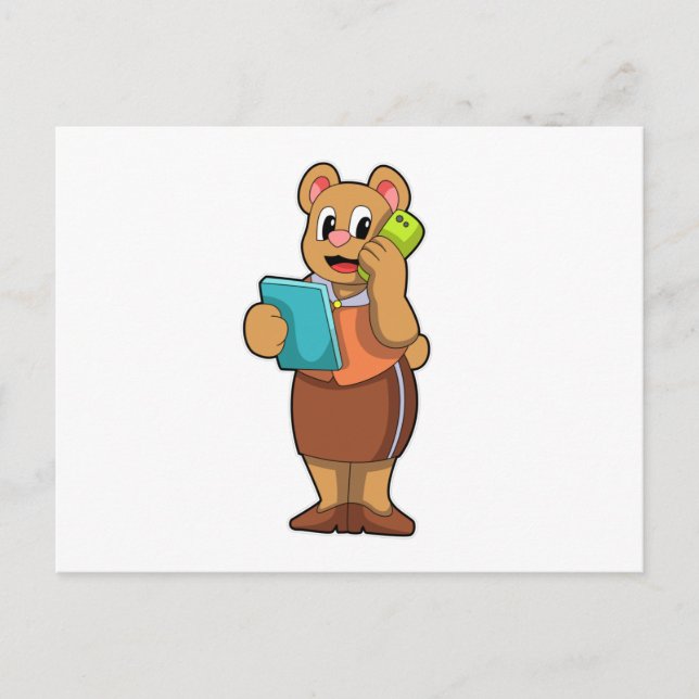 Postal Oso como secretario en llamada con teléfono (Anverso)