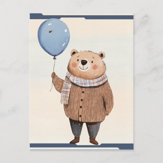Postal Oso con globo azul en una escarcha sudadera marrón (Anverso)