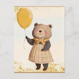 Postal Oso con vestido amarillo y dorado con globo amaril