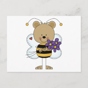 Postal oso de abejas con flores moradas