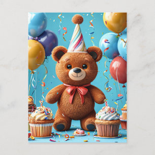 Postal Oso de cumpleaños con pastel y globos