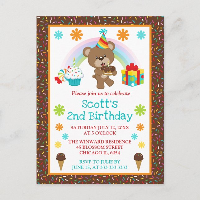 Postal Oso de cumpleaños lindo y arcoíris y pastel (Anverso)