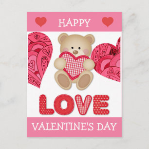 Postal Oso de dibujos animados lindo corazones rosados ro