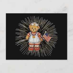 Postal Oso de enfermería vintage con fuegos artificiales 