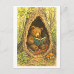 Postal Oso de estilo vintage leyendo en un árbol