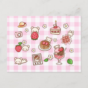 Postal Oso de Fresa Kawaii Dulces Regalos Cuadros de Rosa