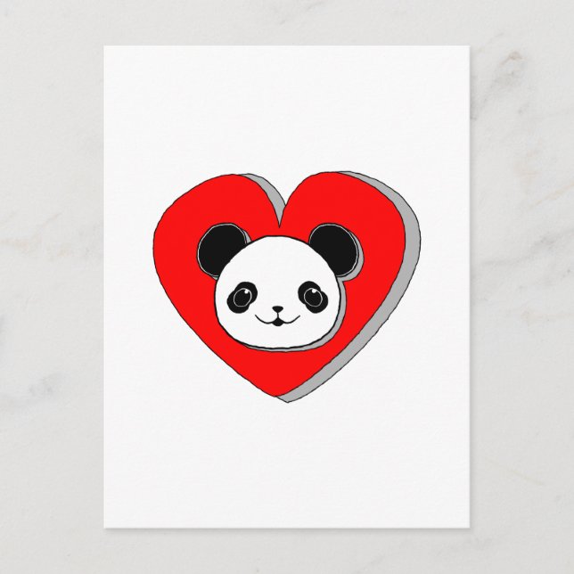 Postal Oso De Panda Y Dibujo De Corazón Rojo (Anverso)