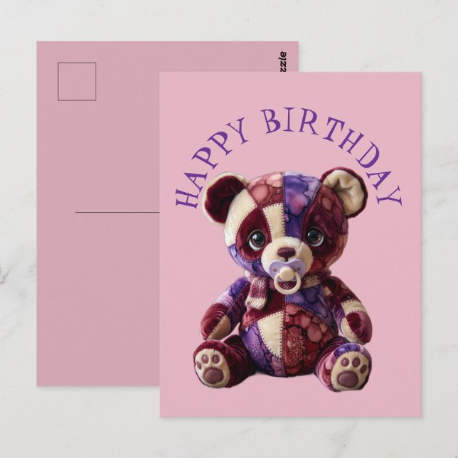 Postal Oso de patchwork suave y acogedor (Anverso / Reverso)