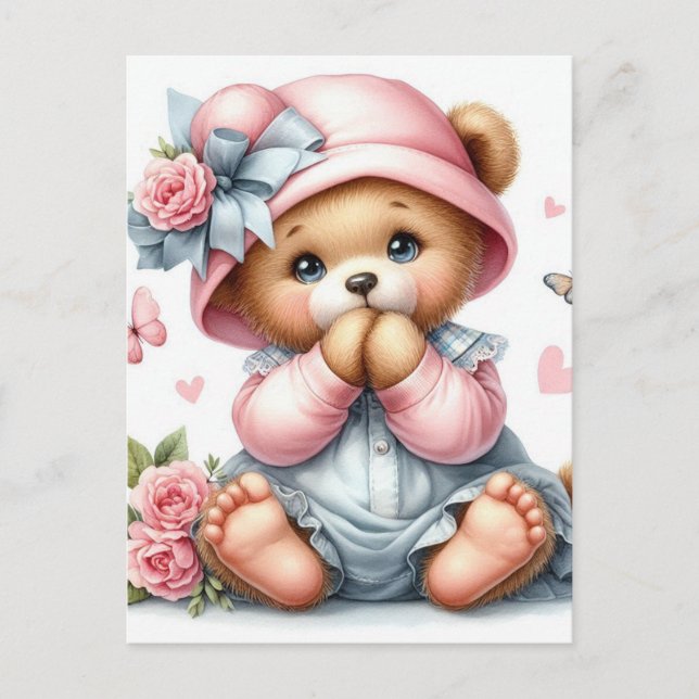 Postal Oso de peluche adorable con gorra rosa y arco (Anverso)