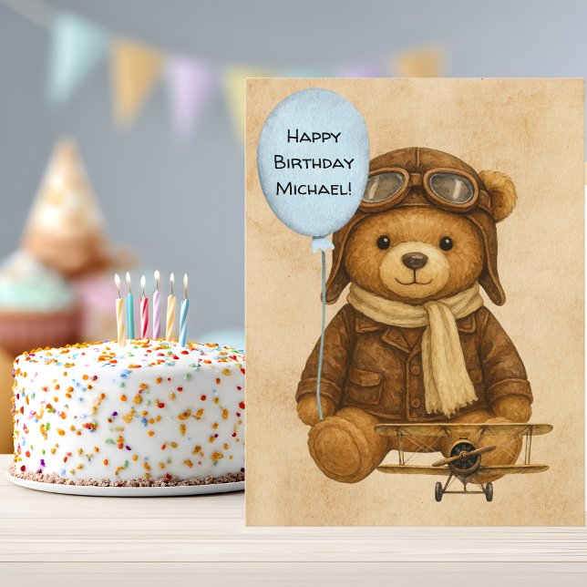 Postal Oso de peluche Avión antiguo Cumpleaños Caprichoso (Subido por el creador)