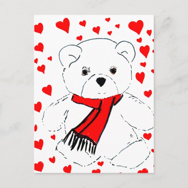 Postal Oso de peluche blanco y corazón (Anverso)