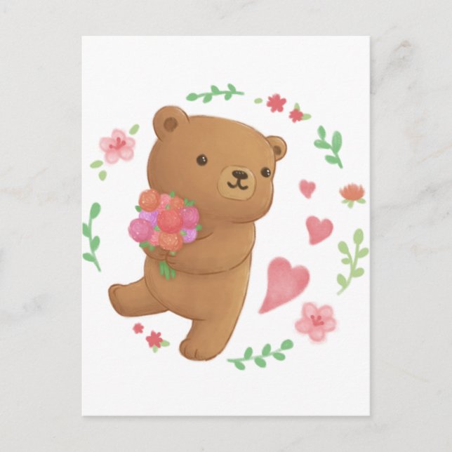 Postal Oso de peluche con flores (Anverso)