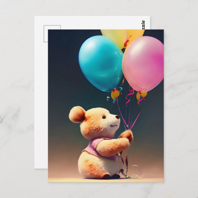 Postal Oso de peluche con globos, posta (Anverso / Reverso)