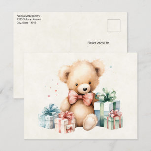 Postal Oso de peluche con regalo de Navidad