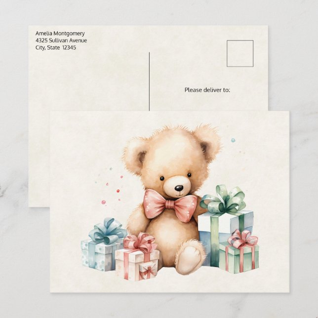 Postal Oso de peluche con regalo de Navidad (Anverso / Reverso)