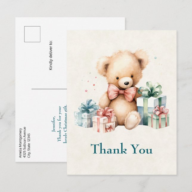 Postal Oso de peluche con regalos de Navidad Gracias (Anverso / Reverso)