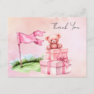 Postal Oso de peluche de golf con caja de regalo rosa sob