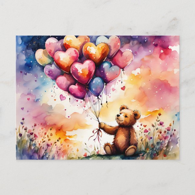 Postal Oso de peluche del día de San Valentín con globos  (Anverso)