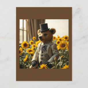 Postal Oso de peluche elegante en los girasoles