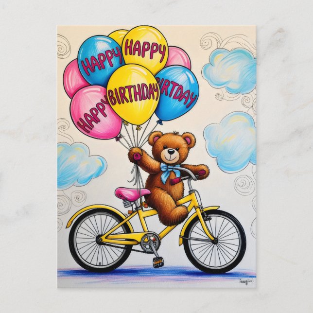Postal Oso de peluche en bicicleta sosteniendo globos (Anverso)
