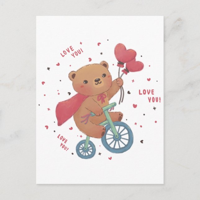 Postal Oso de peluche en bicicleta: ¡Te amo! (Anverso)