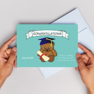 Postal oso de peluche graduación en luz neón azul verde