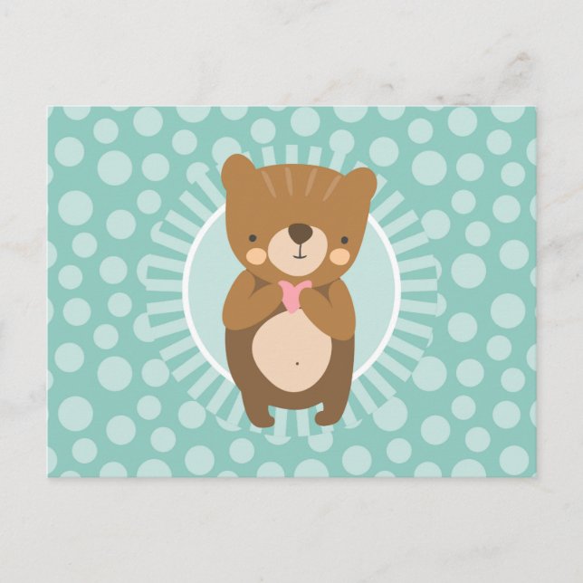 Postal Oso de peluche marrón lindo corazón (Anverso)