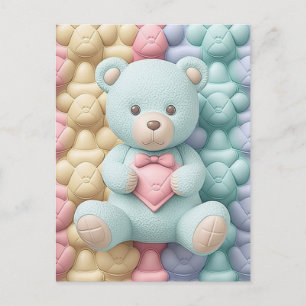 Postal Oso de peluche menta con corazón y lazo rosa