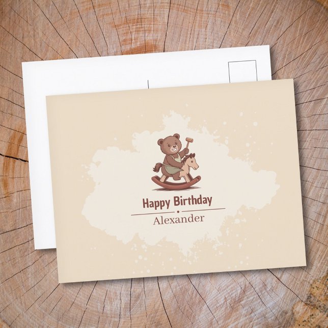 Postal Oso de peluche montando un Caballo de Balanza (Teddy Bear riding a Rocking Horse Postcard)