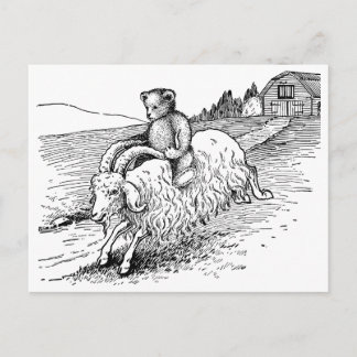 Postal Oso de peluche montando una cabra