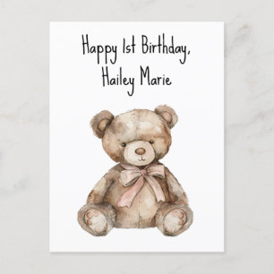Postal Oso de peluche personalizado para primer cumpleaño