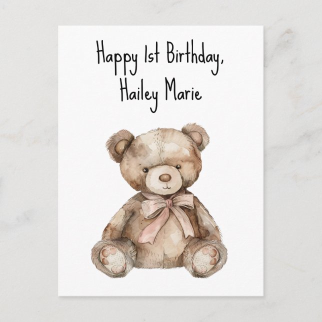 Postal Oso de peluche personalizado para primer cumpleaño (Anverso)