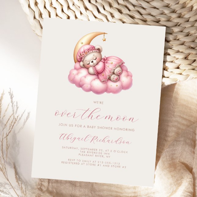 Postal Oso de peluche rosa para fiesta de bebé niña Luna  (Subido por el creador)