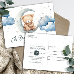 Postal Oso de peluche sobre el Baby Shower de la luna<br><div class="desc">Bonitas acuarelas de osito de peluche en tonos tostados, marrones y azules. Gran tema de la ducha de bebé. Nubes acuarelas, luna, estrellas y adorable oso de peluche. Personalizado / invitaciones personalizadas para una ducha de bebé. Disponible como descarga digital. Busca artículos a juego en mi categoría de ducha de...</div>