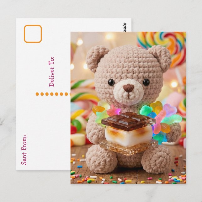 Postal Oso de peluche tejido con S'more | Decir hola (Anverso / Reverso)