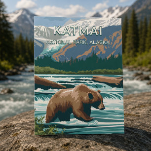 Postal Oso del Parque Nacional Katmai Alaska Retro Vintag