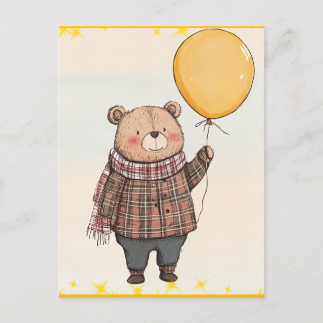 Postal Oso en suéter de seda marrón con globo amarillo (Anverso)