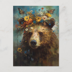 Postal Oso en una corona de flores y mariposas