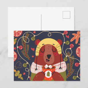 Postal Oso festivo bebiendo cacao caliente