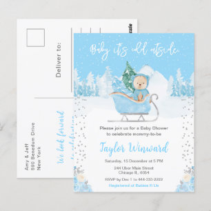 Postal Oso Invernal Azul Trineo Baby Shower