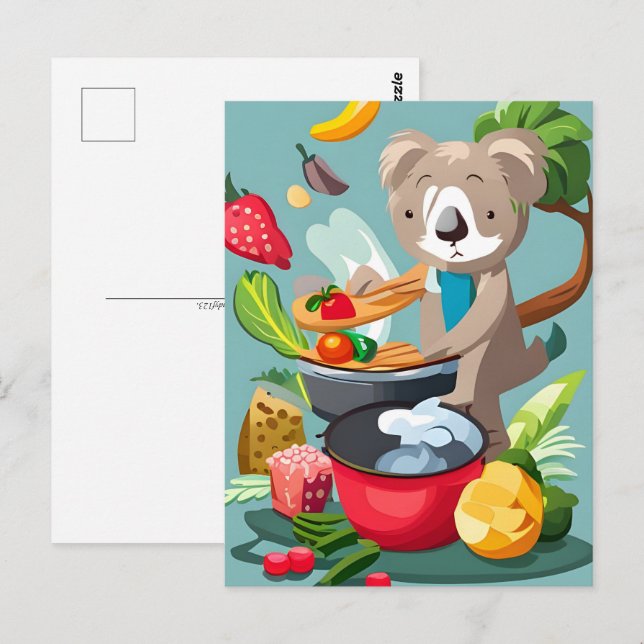 Postal Oso Koala lindo cocinando una cena, Postcross (Anverso / Reverso)