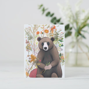 Postal Oso lindo del bosque con flores de primavera Arte 