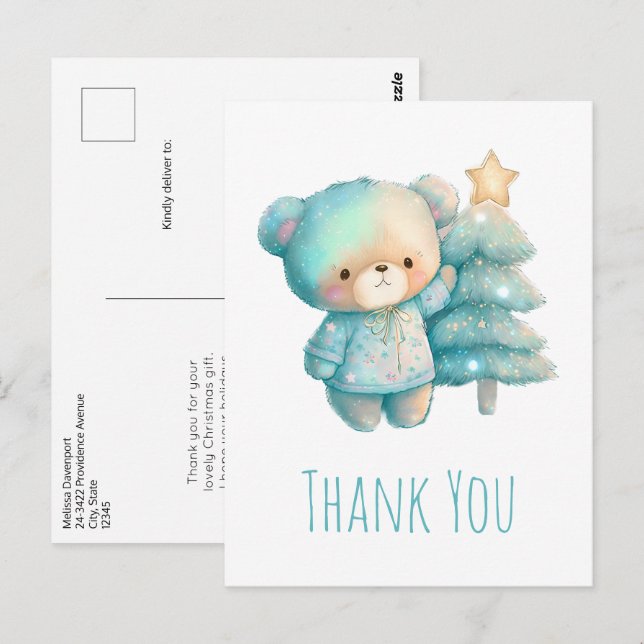 Postal Oso lindo y árbol de Navidad gracias (Anverso / Reverso)