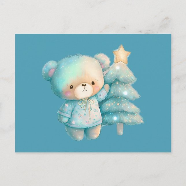 Postal Oso lindo y vacaciones de árbol de Navidad (Anverso)